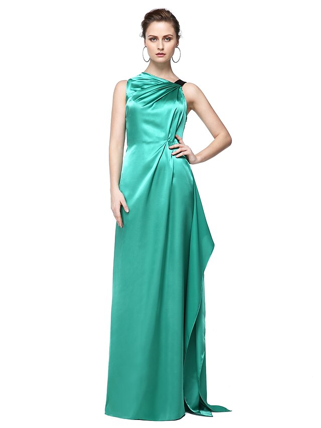  Sheath / Column One Shoulder Floor Length Stretch Satin Dress with Pleats by TS Couture®