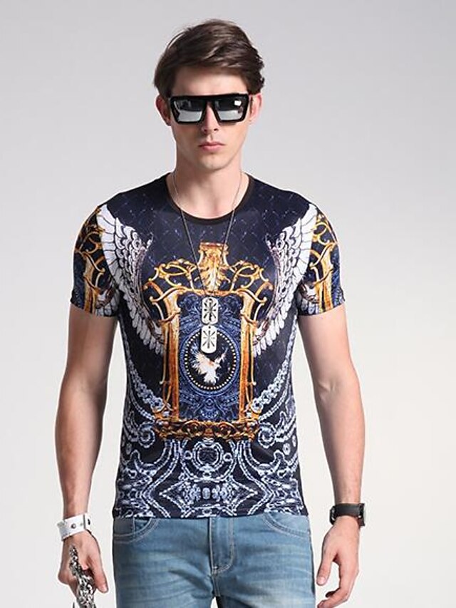  Men's Simple Silk T-shirt - Solid Colored / Floral / Geometric Round Neck / Short Sleeve
