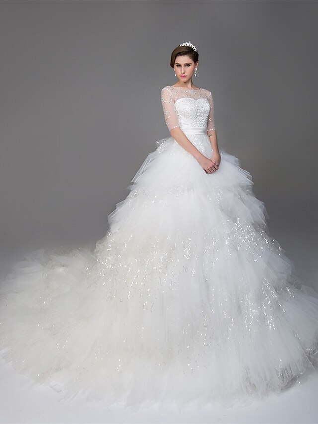  Ball Gown Wedding Dresses Bateau Neck Cathedral Train Tulle Half Sleeve See-Through with Beading Sequin