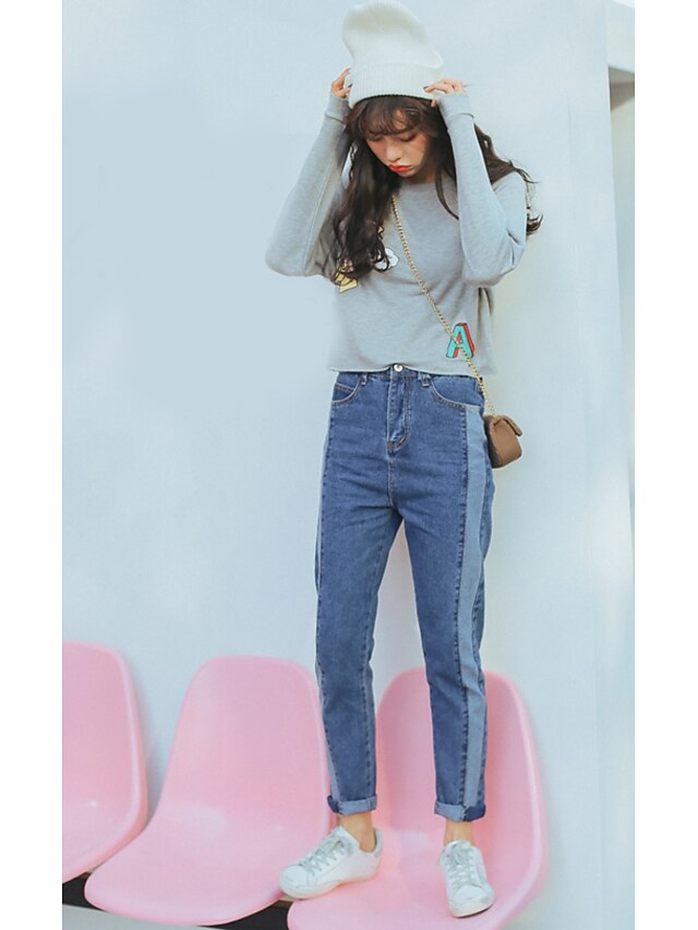  Damen Sexy Mittlere Hüfthöhe Micro-elastisch Jeans Gerade Hose,Ripped einfarbig