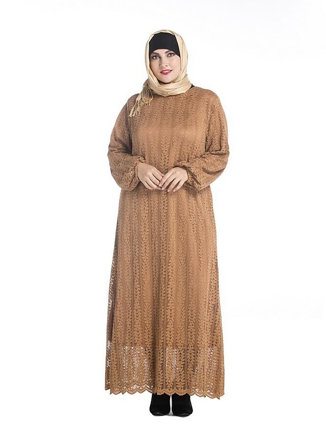  SWEET CURVE Women's Plus Size Vintage Lace Dress,Solid Round Neck Maxi Long Sleeve Beige Black Green Polyester Spring Mid Rise Micro-elastic Medium