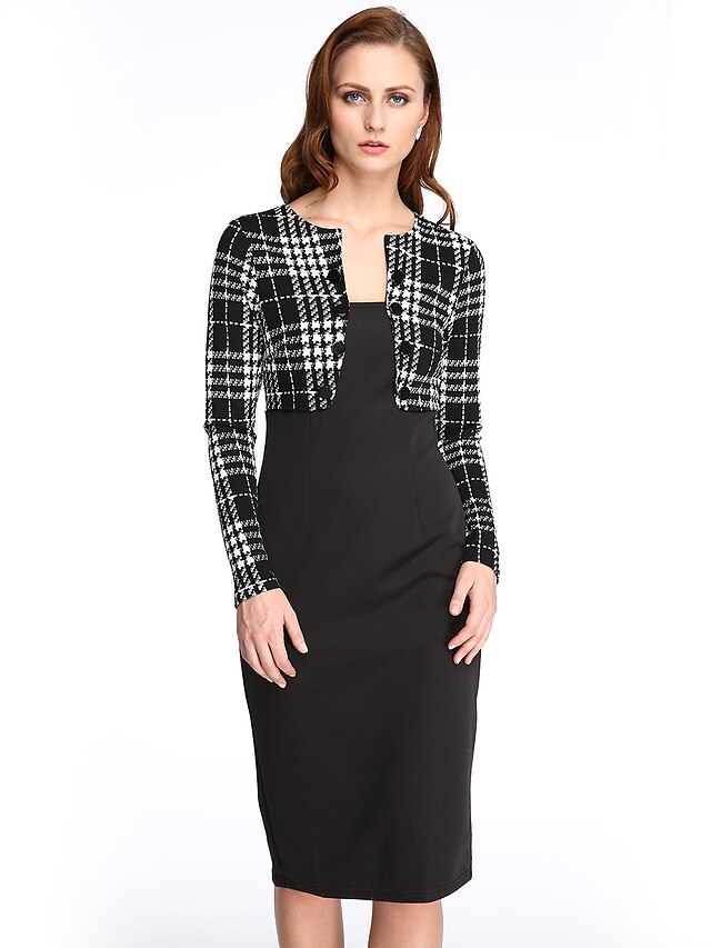  Women's Work Bodycon Dress - Plaid Spring Cotton Black L XL XXL