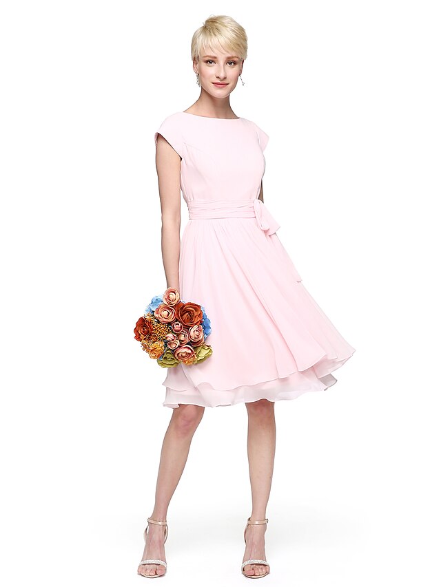  Ball Gown / A-Line Bridesmaid Dress Jewel Neck Short Sleeve Knee Length Chiffon with Sash / Ribbon / Bow(s) / Buttons 2022