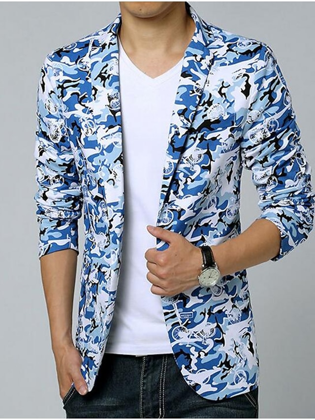  Blue Camo / Camouflage Slim Cotton Men's Suit - Shirt Collar / Spring / Summer / Long Sleeve / Print