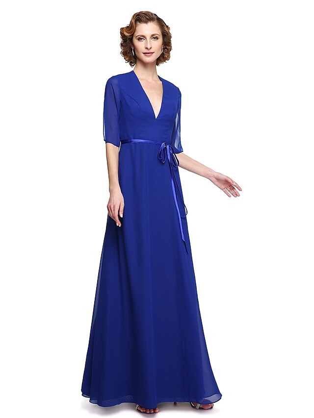  A-Line V Neck Floor Length Chiffon Mother of the Bride Dress with Sash / Ribbon by LAN TING BRIDE®