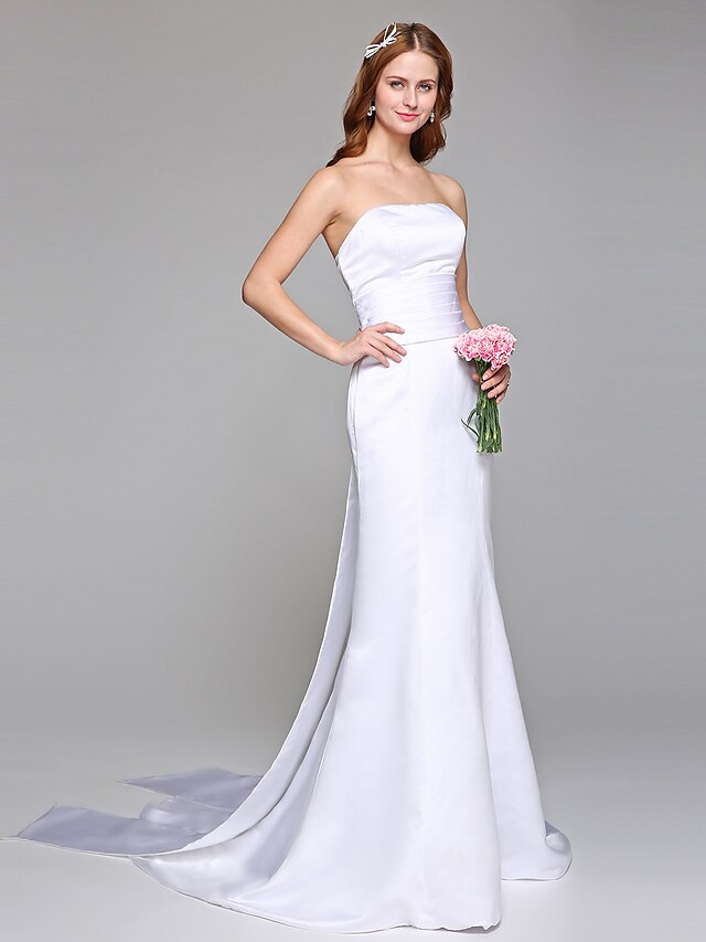  Wedding Dresses Sheath / Column Strapless Sleeveless Court Train Satin Bridal Gowns With Sash / Ribbon 2024