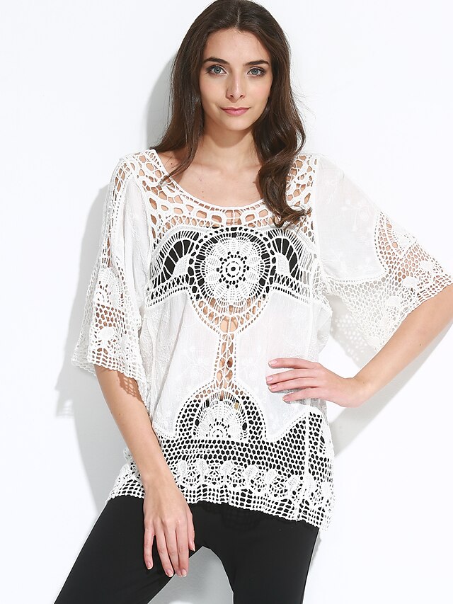  Women's Cut Out Solid White Blouse,Round Neck ½ Length Sleeve