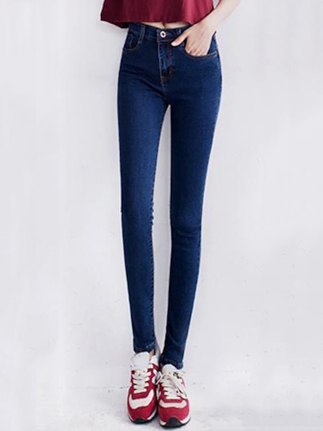  Mulheres Cintura Alta Algodão Reto / Jeans Calças - Sólido