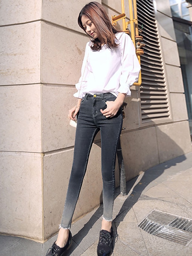  Damen Skinny Jeans Hose-Lässig/Alltäglich Street Schick einfarbig Hohe Hüfthöhe Reisverschluss Baumwolle Micro-elastischRiemengurte