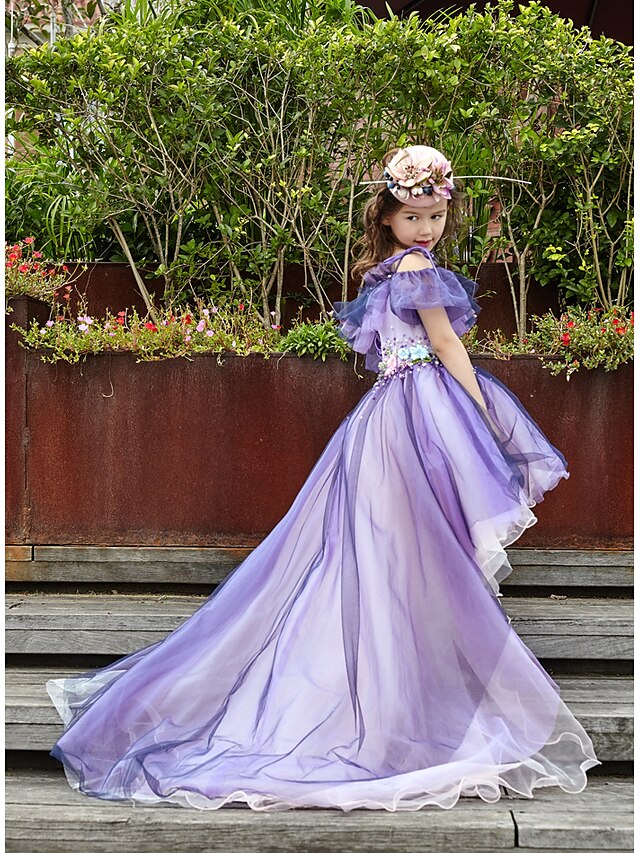  Ballkleid Asymmetrisch Blumenmädchenkleid - Tüll Charmeuse Ärmellos Schulterfrei mit Perlen Verzierung Blume durch Huaxirenjiao