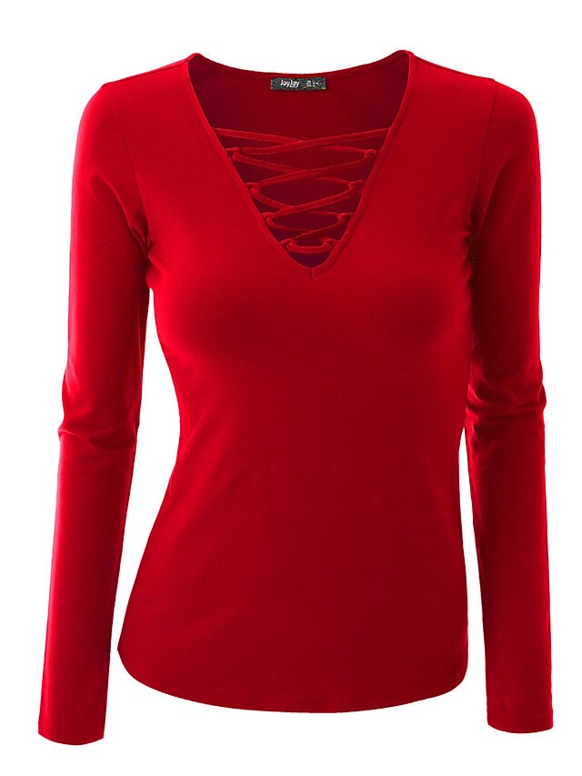  Women's Plus Size Going out Street chic Long Sleeves Flare Sleeve Cotton Pullover - Solid Colored, Criss-Cross V Neck