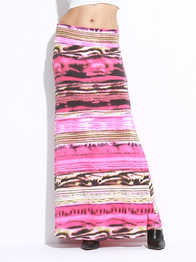  Women's Print / Striped Multi-color Skirts , Vintage / Casual / Print / Maxi Maxi    LS