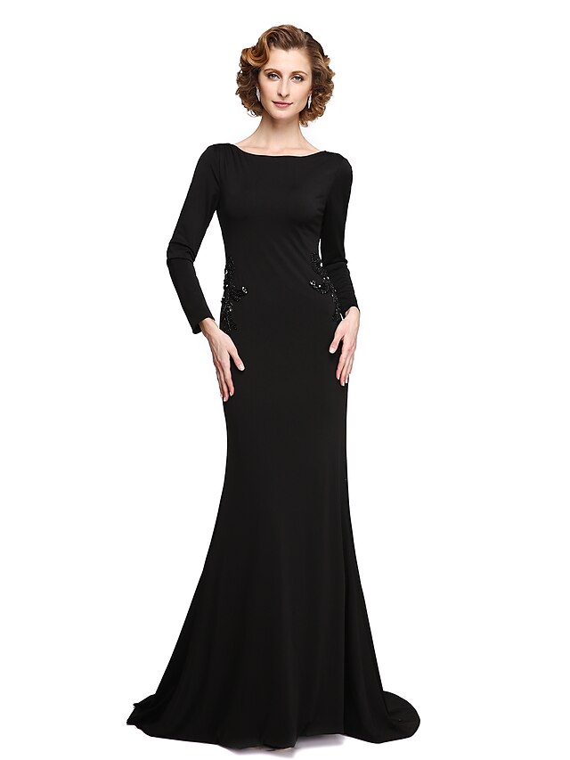  Sheath / Column Bateau Neck Floor Length Jersey Mother of the Bride Dress with Beading / Appliques by LAN TING BRIDE®