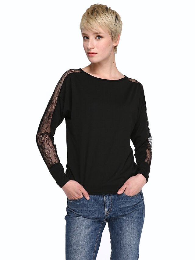  Γυναικεία T-shirt Καθημερινά Απλό Patchwork,Μακρυμάνικο Στρογγυλή Λαιμόκοψη Φθινόπωρο Λεπτό Πολυεστέρας Μαύρο