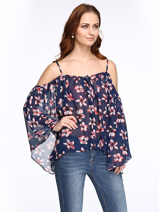  Women's Batwing Sleeve Polyester Blouse - Floral, Backless Boat Neck