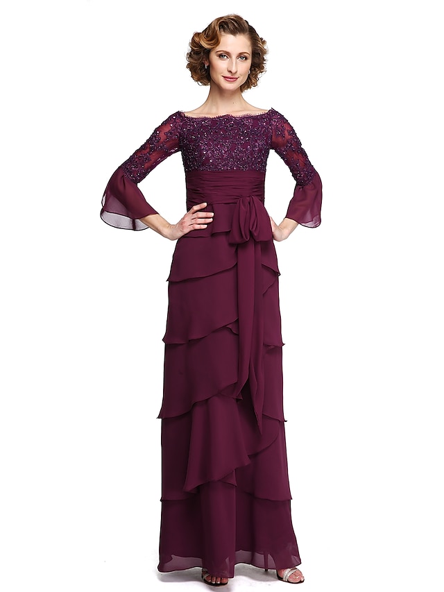 A-Line Mother of the Bride Dress Elegant Bateau Neck Ankle Length Chiffon Lace Half Sleeve with Sash / Ribbon Pleats Sequin 2021 / Bell Sleeve