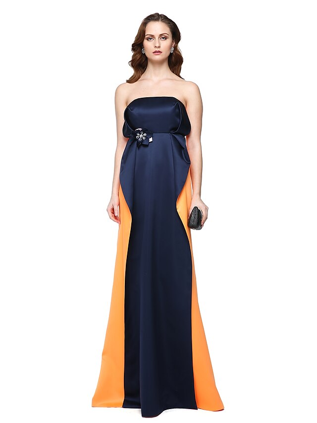  A-Line Strapless Floor Length Satin Formal Evening Dress with Beading Flower(s) Pleats by TS Couture®