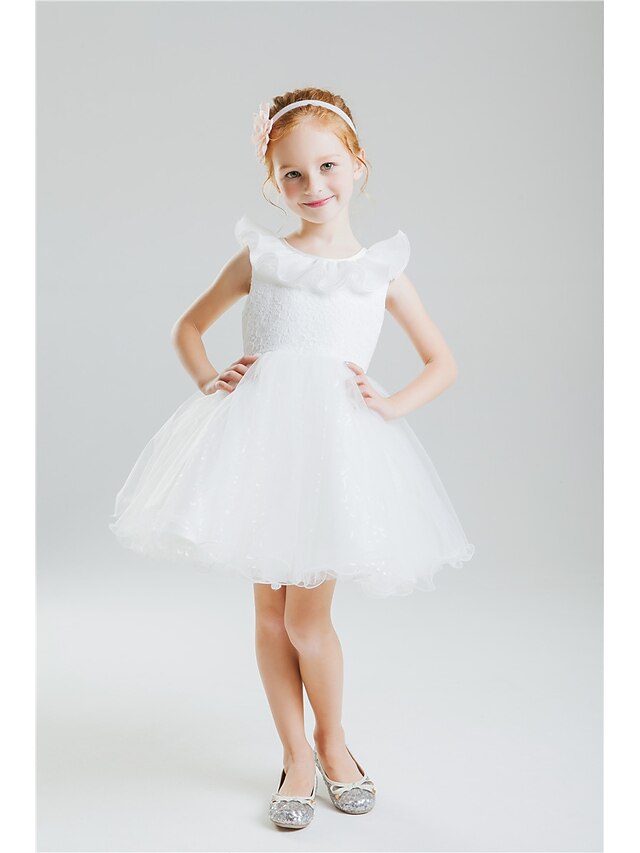  Princess Knee Length Flower Girl Dress - Cotton Spandex Short Sleeves Jewel Neck 