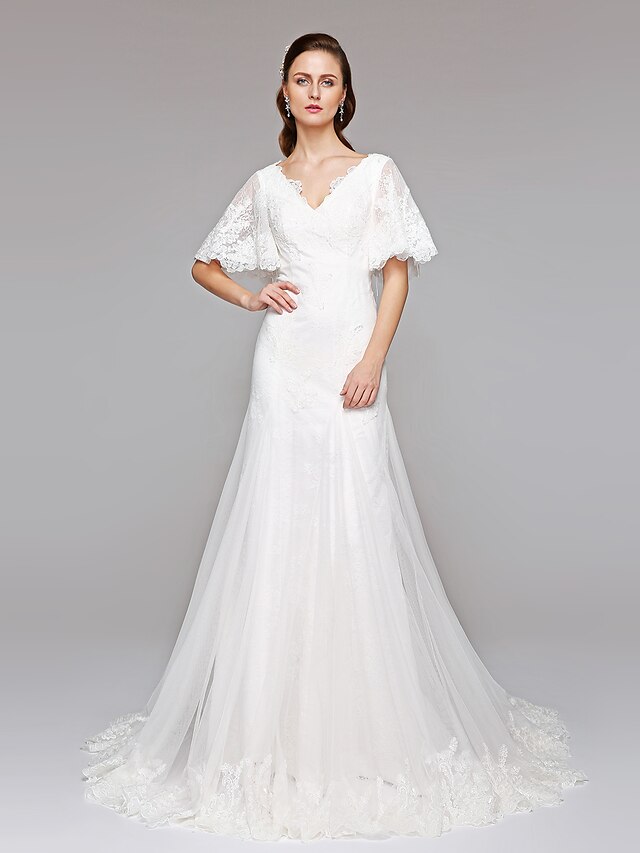  A-Line V Neck Court Train Lace / Tulle Made-To-Measure Wedding Dresses with Sequin / Appliques / Button by LAN TING BRIDE® / Bell Sleeve / Open Back / Royal Style