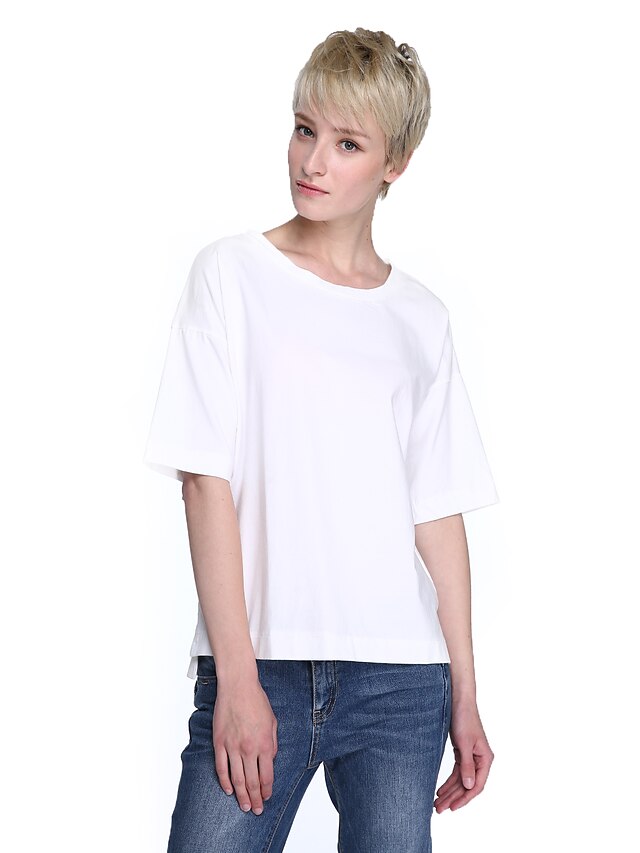  Damen Solide Gespleisst T-shirt - Baumwolle Freizeit Street Schick Ausgehen Übergröße Weiß / Leicht Grün / Marinenblau / Rosa