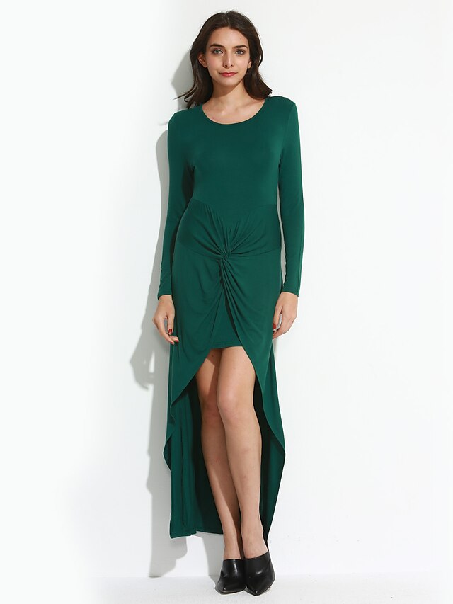  Vrouwen Casual/Dagelijks Eenvoudig Bodycon Jurk Effen-Ronde hals Asymmetrisch Lange mouw Groen Polyester Herfst