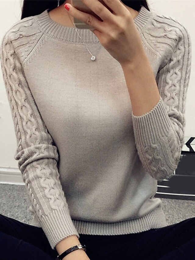  Women's Daily Work Casual Short Pullover,Solid Round Neck Long Sleeves Cotton Spring Medium Micro-elastic