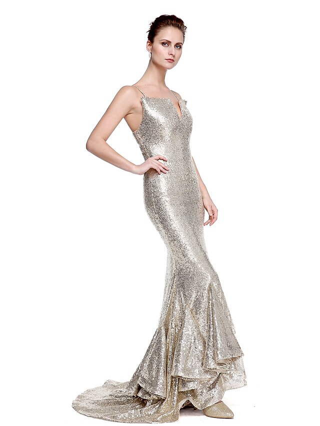  Mermaid / Trumpet Spaghetti Strap Sweep / Brush Train Sequined Sparkle & Shine Formal Evening Dress with Sequin by TS Couture®