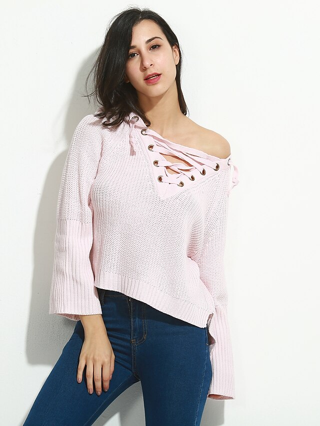  Women's Vintage Streetwear Solid Colored Pullover Wool Long Sleeve Batwing Sleeve Regular Sweater Cardigans V Neck Fall Winter Pink Brown / Going out / Lace up