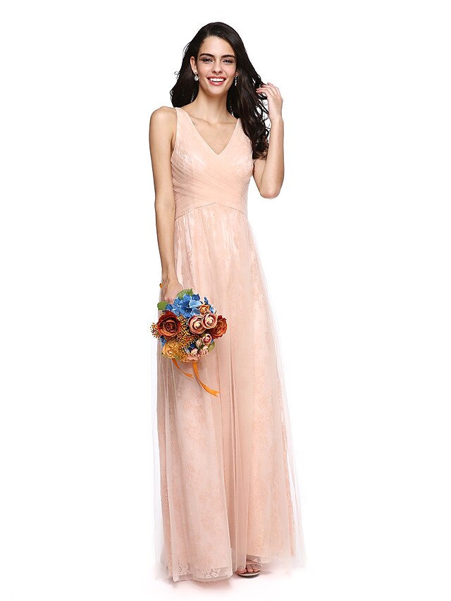  Sheath / Column V Neck Floor Length Lace / Tulle Bridesmaid Dress with Criss Cross / Ruched by LAN TING BRIDE®