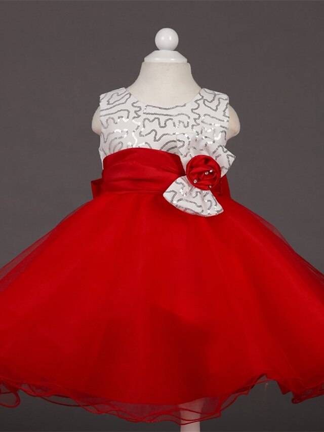  A-Line Knee Length Flower Girl Dress - Satin / Tulle Sleeveless Jewel Neck with Bow(s) / Sash / Ribbon / Flower by
