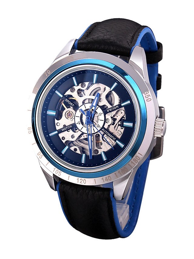  Men's Fashion Watch Skeleton Watch Mechanical Watch Leather Black / Silver / Analog Luxury Casual - Red Blue Silver