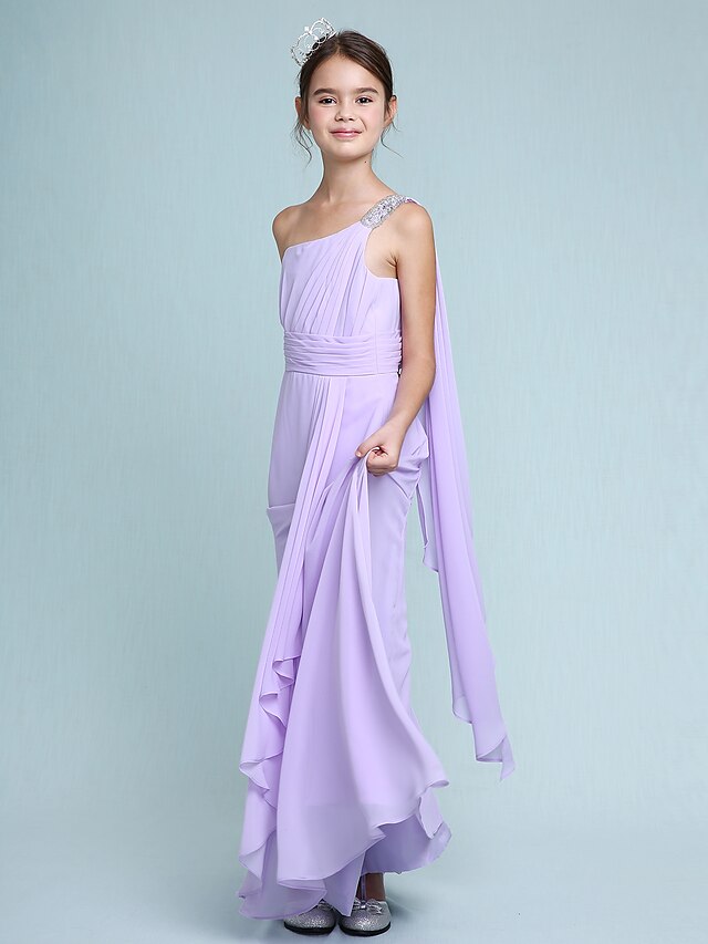  Sheath / Column Floor Length One Shoulder Chiffon Junior Bridesmaid Dresses&Gowns With Beading Wedding Party Dresses 4-16 Year