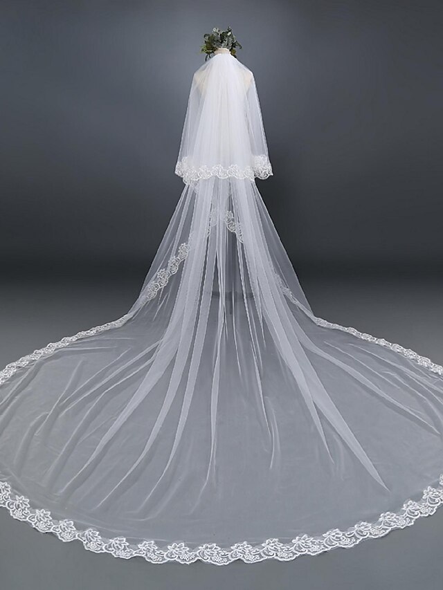  Two-tier Lace Applique Edge Wedding Veil Elbow Veils / Cathedral Veils with Appliques Lace / Tulle / Classic