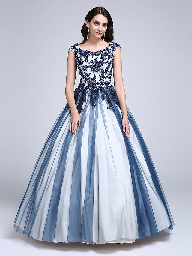  Ball Gown Color Block Quinceanera Formal Evening Dress Scoop Neck Sleeveless Floor Length Lace Over Tulle with Beading Appliques 2021
