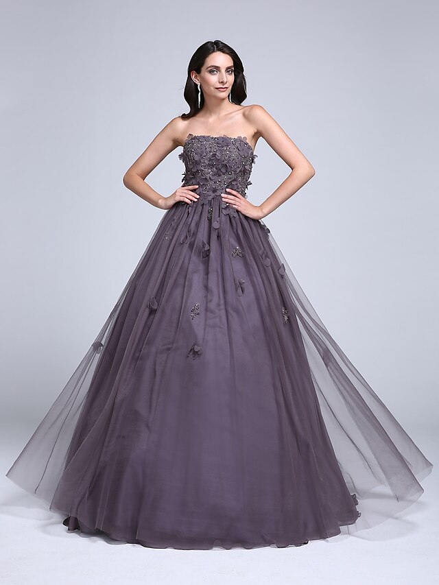  Ballkleid Blumen Kleid Quinceanera Formeller Abend Boden-Länge Ärmellos Trägerlos Tüll mit Perlenstickerei Applikationen 2024