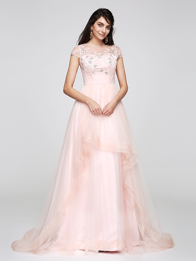  a-line see through prom επίσημο βραδινό φόρεμα ψευδαίσθηση λαιμόκοψη κοντό μανίκι / πινέλο τρενάκι τούλι με απλικέ παγιέτες