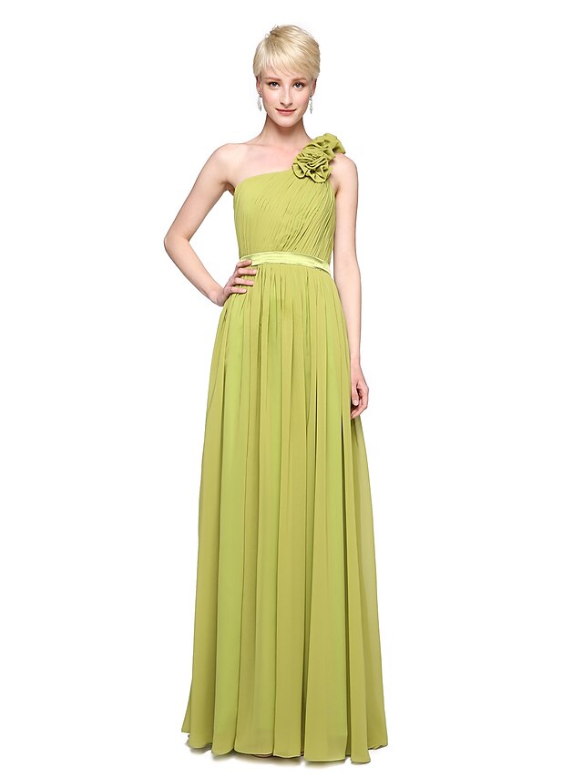  A-Line One Shoulder Floor Length Chiffon Bridesmaid Dress with Sash / Ribbon / Flower / Pleats by LAN TING BRIDE®