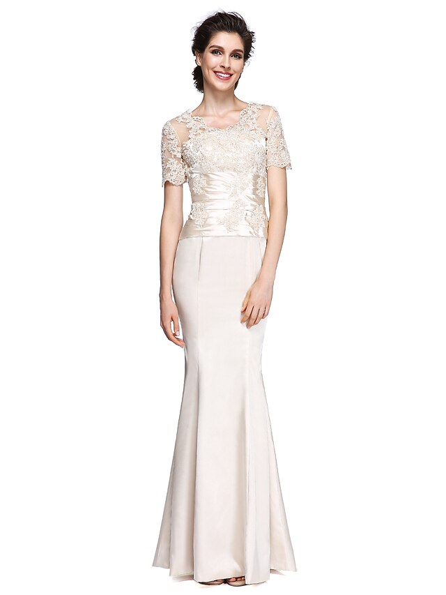  Mermaid / Trumpet V Neck Ankle Length Charmeuse Mother of the Bride Dress with Lace by LAN TING BRIDE®