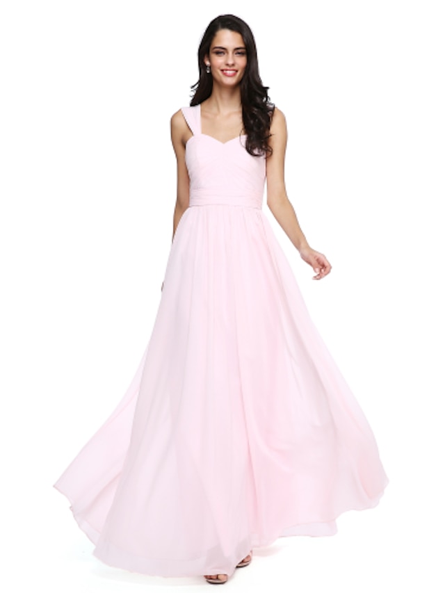  A-Line Straps Floor Length Chiffon Bridesmaid Dress with Sash / Ribbon / Criss Cross / Ruched
