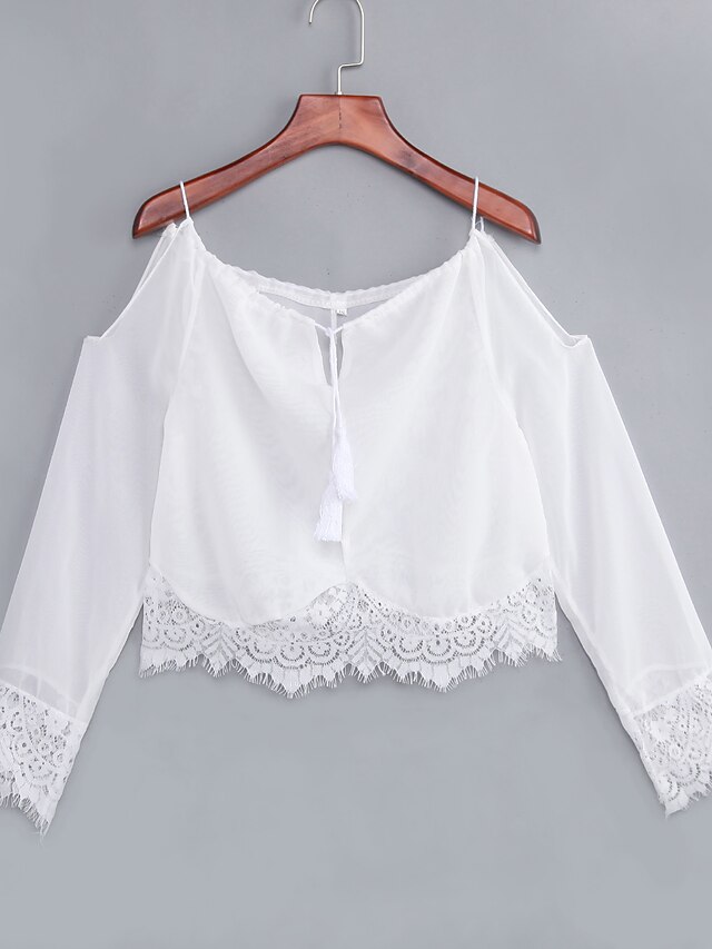  Women's Flare Sleeve Cotton Blouse - Solid, Lace Backless Strap Boat Neck