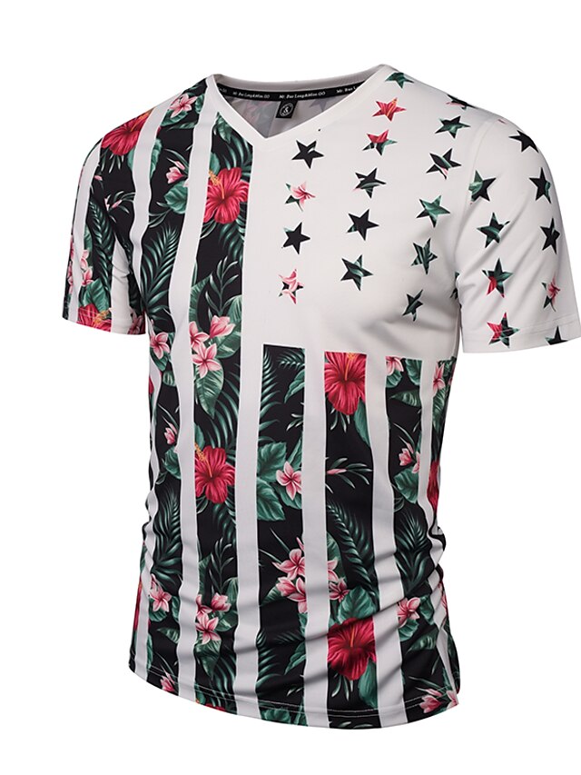  Men's Striped Floral Print T-shirt - Cotton Active Street chic Punk & Gothic Party Daily Sports V Neck White / Short Sleeve / Club