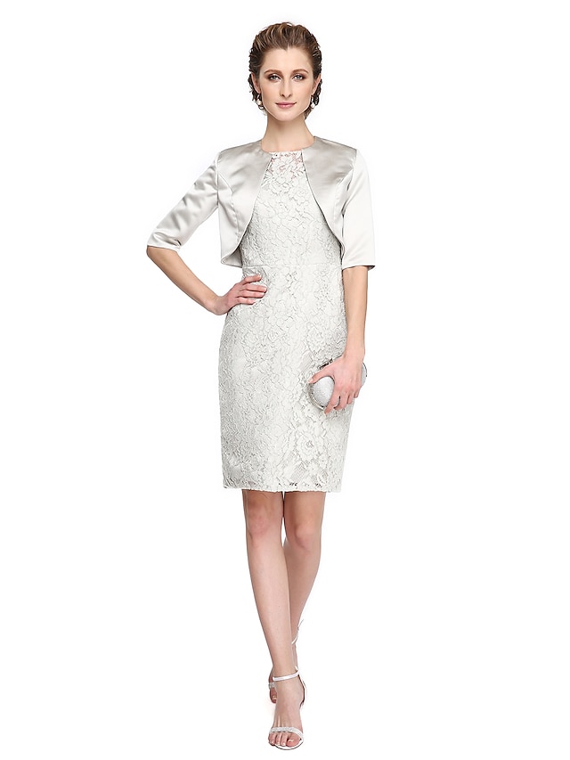  Tubinho Bateau Neck Até os Joelhos Renda / Cetim Vestido Para Mãe dos Noivos com Renda / Pregas de LAN TING BRIDE®