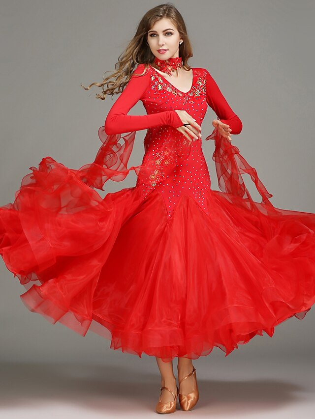  Ballroom Dance Dress Sequin Crystals / Rhinestones Women's Training Sleeveless Natural Spandex Tulle Sequined / Modern Dance