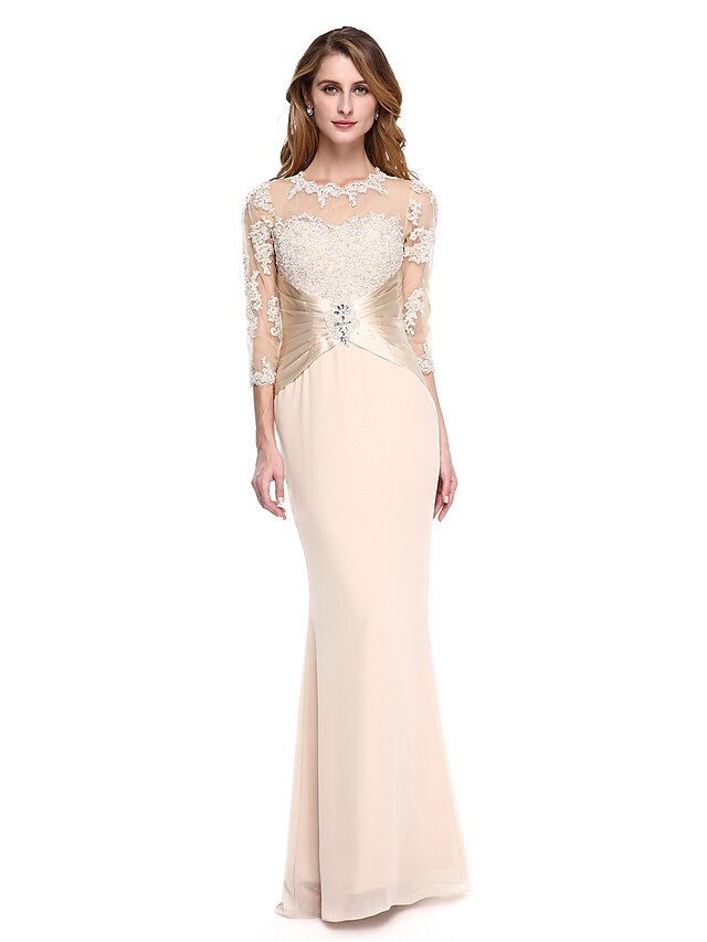  Mermaid / Trumpet Jewel Neck Floor Length Chiffon / Stretch Satin Mother of the Bride Dress with Beading / Appliques / Pleats by LAN TING BRIDE® / Illusion Sleeve / See Through