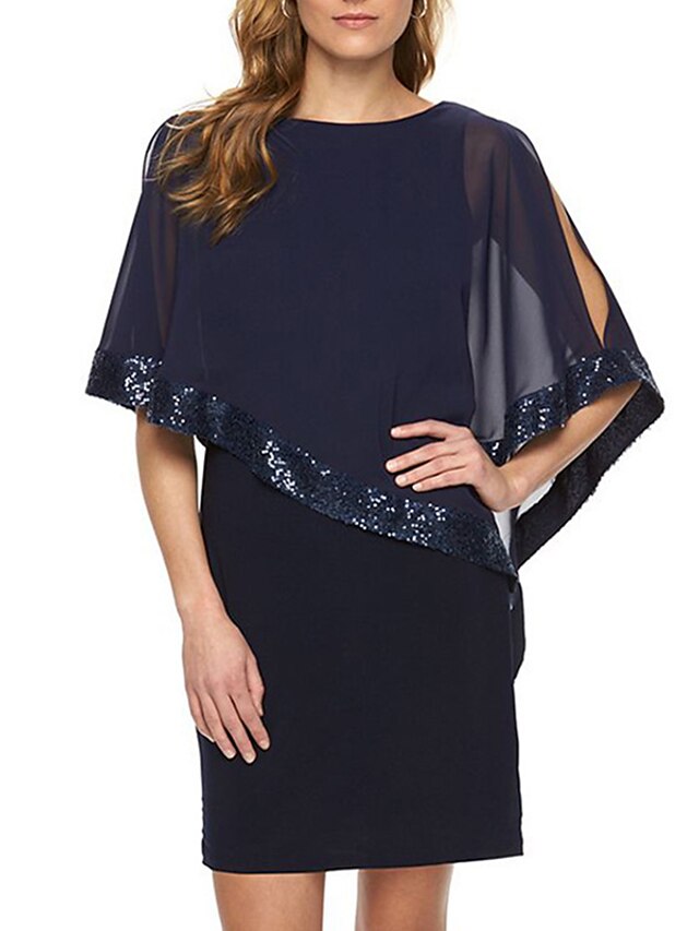  Women's Going out Club Mini Sheath Chiffon Dress - Solid Colored Sequins Boat Neck Spring Black Navy Blue M L XL