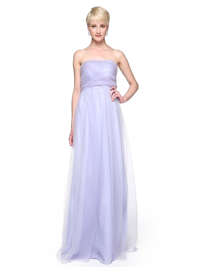  Sheath / Column Strapless Floor Length Lace Tulle Bridesmaid Dress with Appliques Pleats by LAN TING BRIDE®