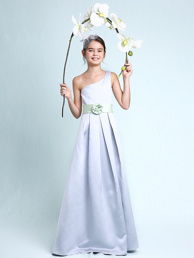  A-Line / Princess One Shoulder Floor Length Satin Junior Bridesmaid Dress with Draping / Sash / Ribbon / Flower by LAN TING BRIDE® / Spring / Summer / Fall / Winter / Wedding Party