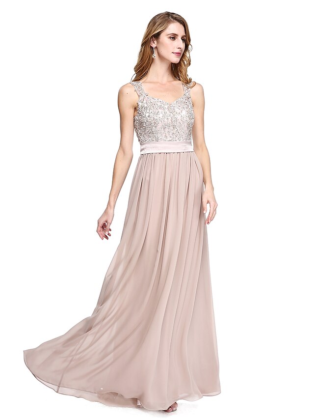  A-Line Mother of the Bride Dress Elegant Straps Floor Length Chiffon Sleeveless No with Sash / Ribbon Beading Appliques 2023