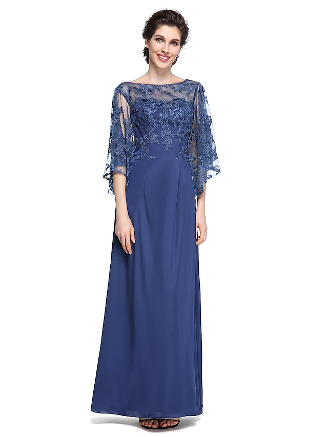  Sheath / Column Mother of the Bride Dress Elegant See Through Bateau Neck Ankle Length Chiffon Lace Half Sleeve with Lace 2023