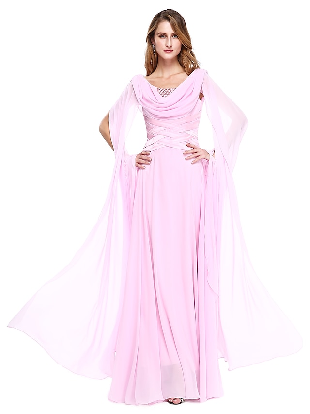  А-силуэт Платье для матери невесты Элегантный стиль Круглый вырез В пол Шифон Длинный рукав с Бусины 2021